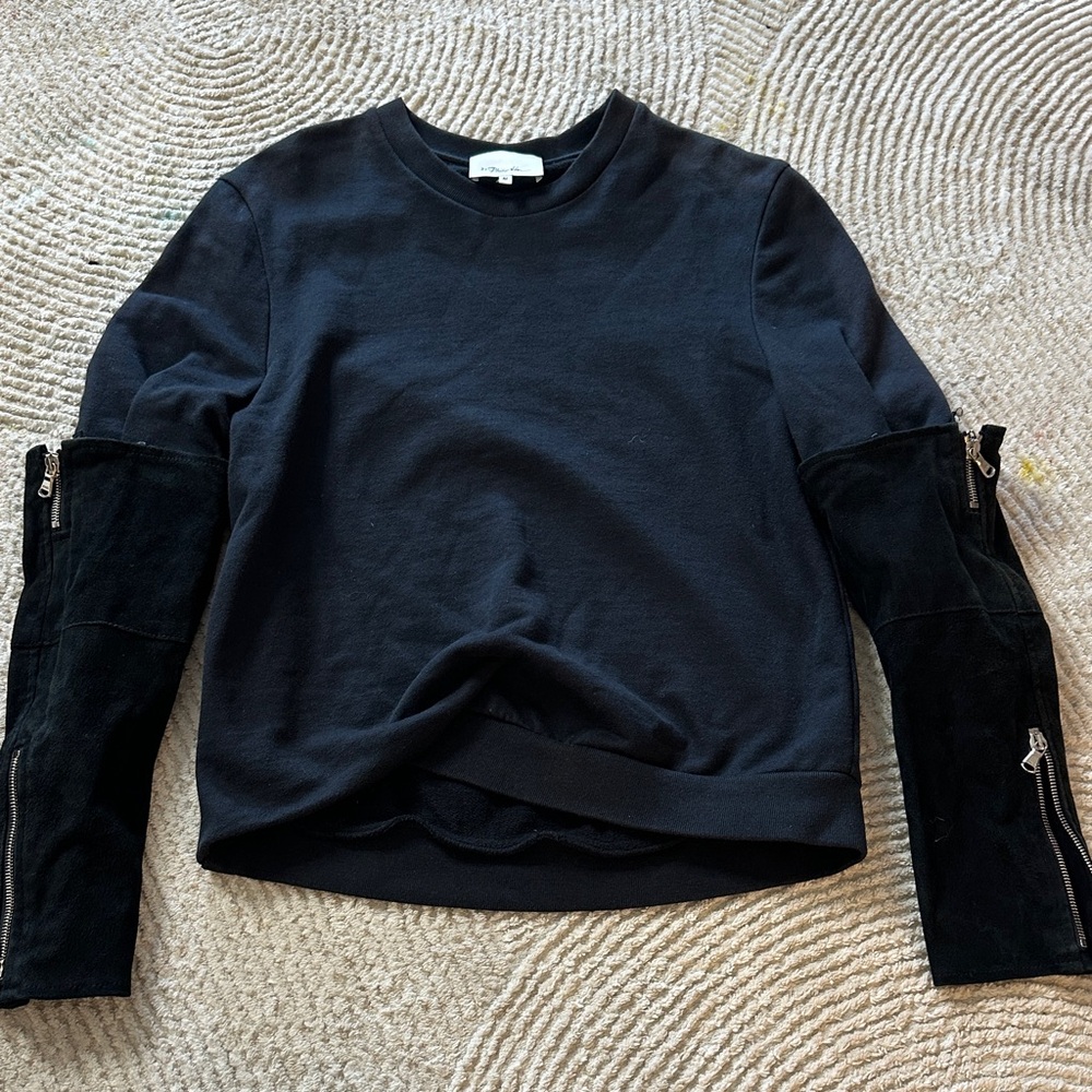 3.1 Philip Lim Black Sweatshirt with Suede Zip Sleeve Panels
